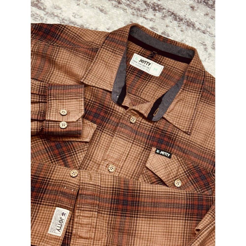 Jetty Flannel Camp Shirt Mens Medium Brown Buffalo Plaid Organic Cotton Button